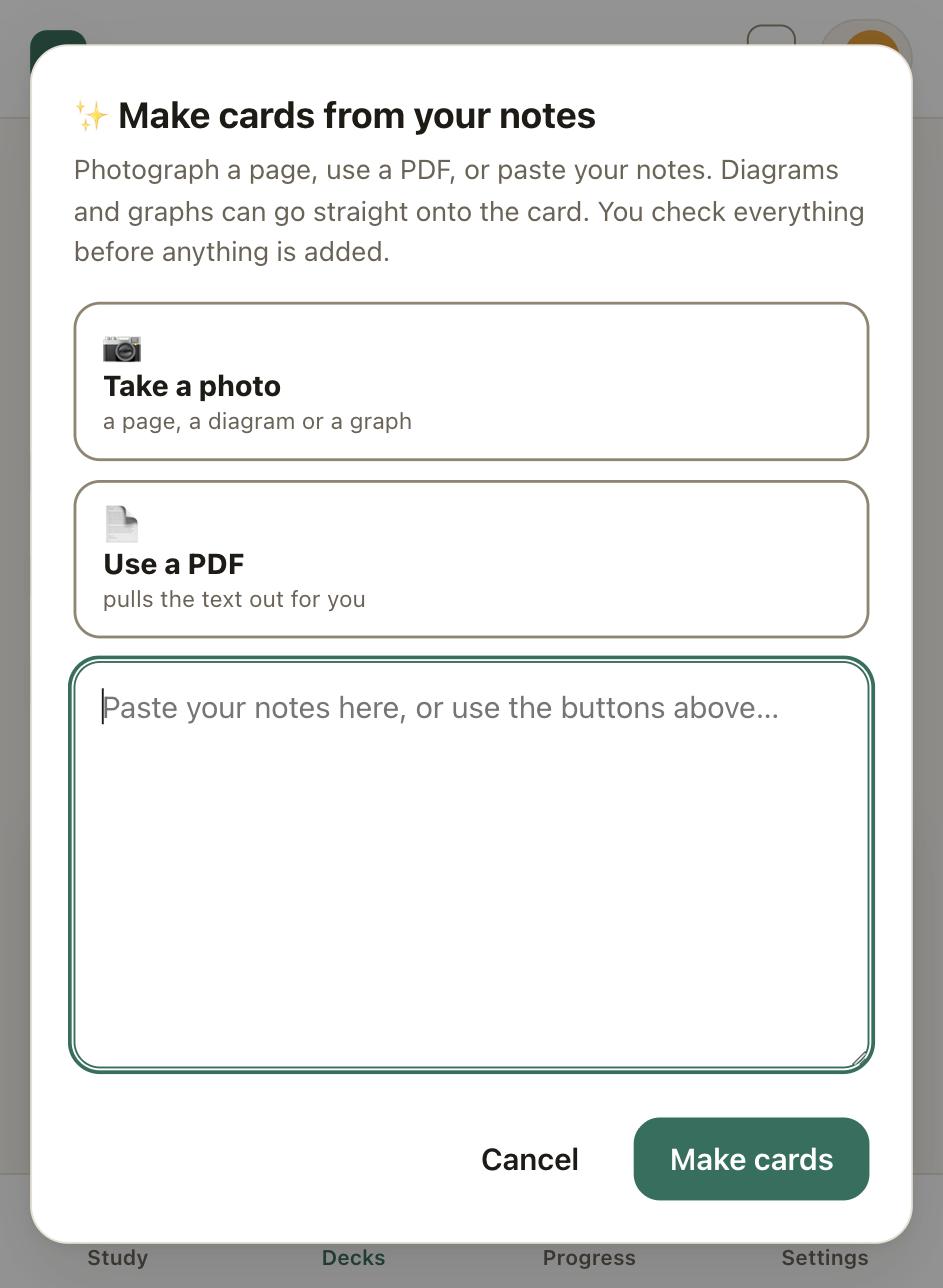 Cardz Studio's Make cards from your notes screen, offering a photo, a PDF, or pasted notes