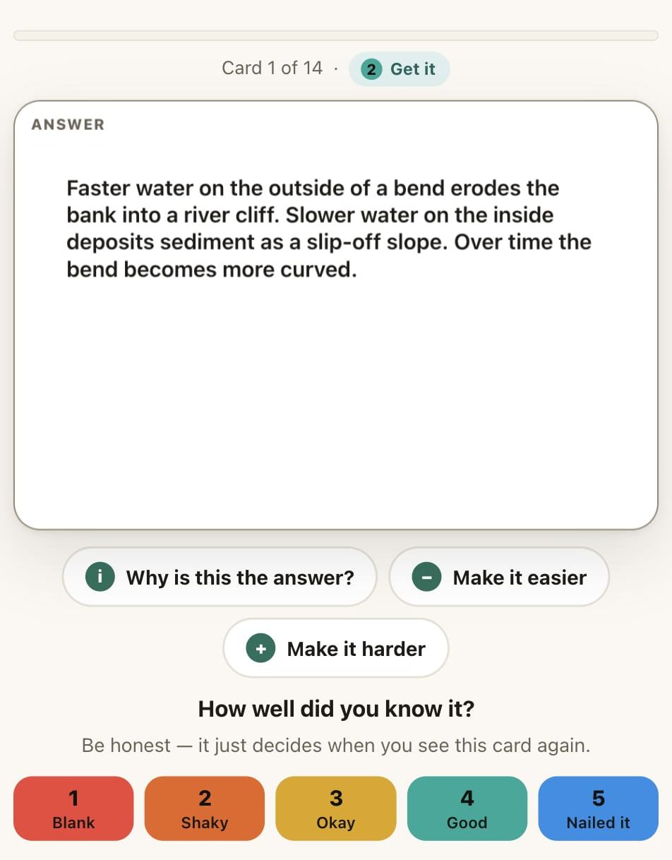 The real Cardz Studio study screen after a card flips: the answer explaining how a meander forms, buttons to ask why or to make the card easier or harder, and five confidence buttons from 1 Blank to 5 Nailed it.