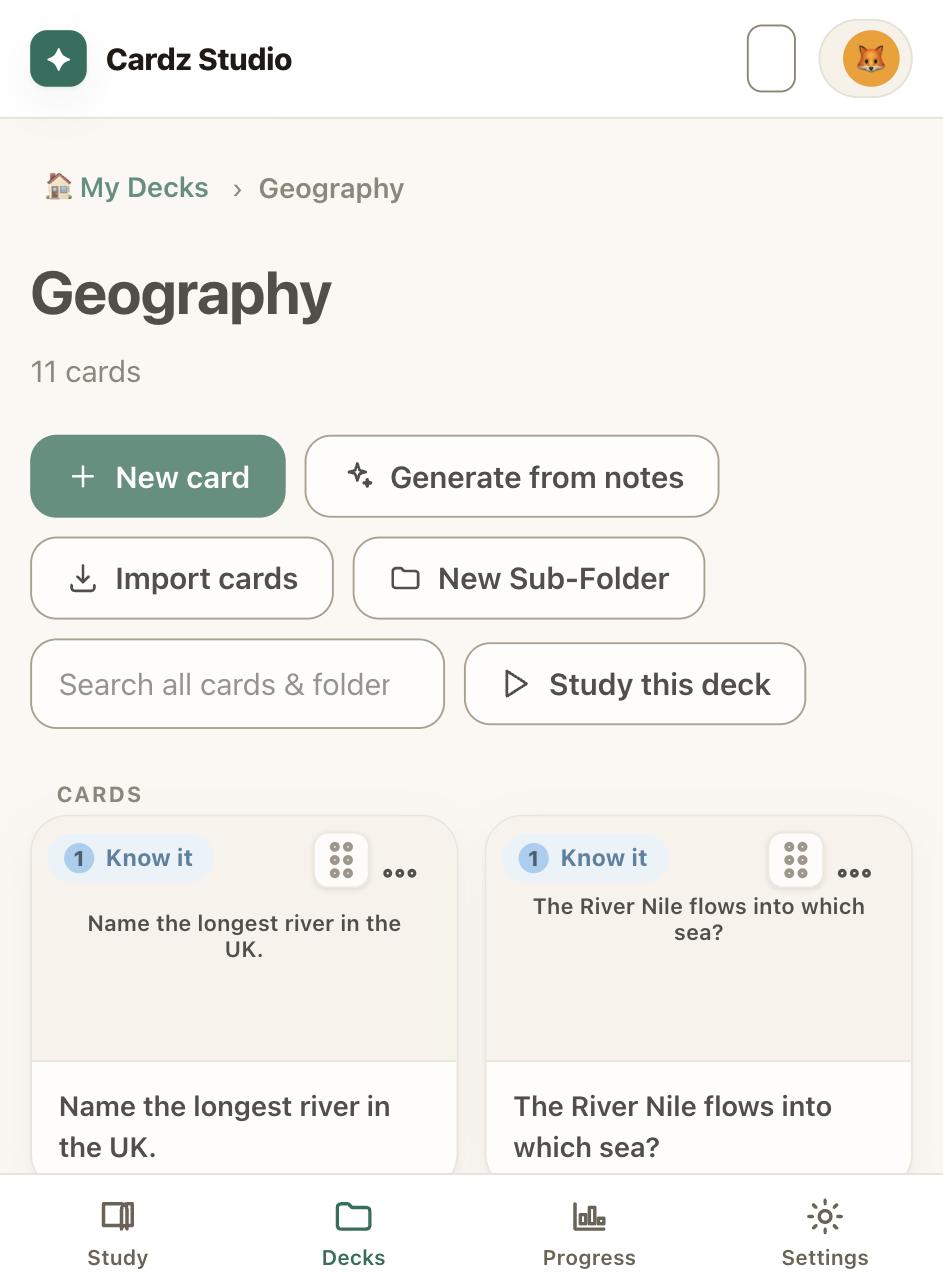 A Cardz Studio deck called Geography, with a Generate from notes button above a grid of flashcards
