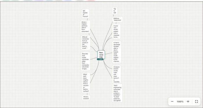 Cardz Studio mind map view showing flashcard questions from a Geography deck connected as branching nodes around a central topic