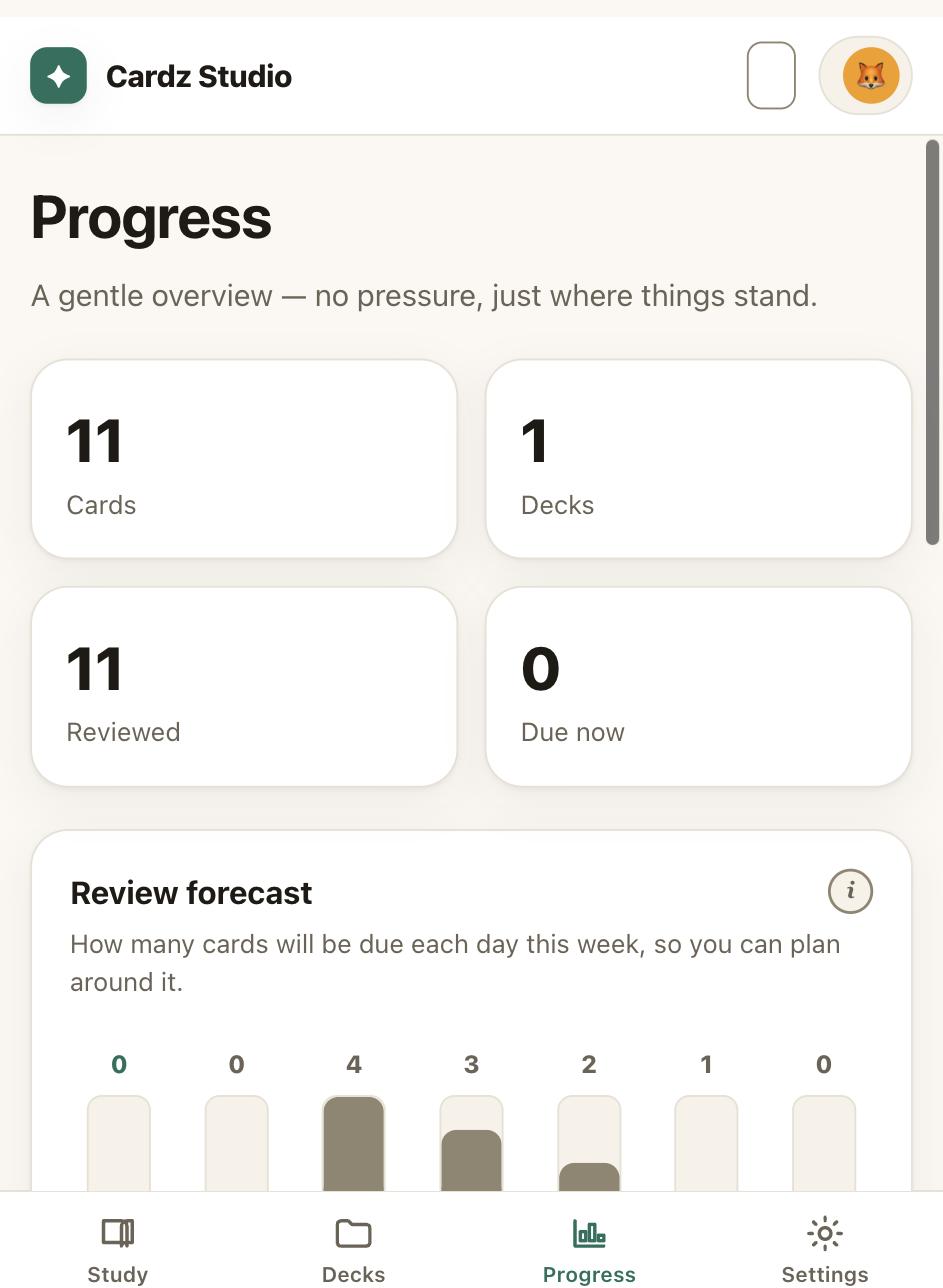 Cardz Studio's Progress screen, showing cards reviewed and a review-forecast bar chart for the week ahead